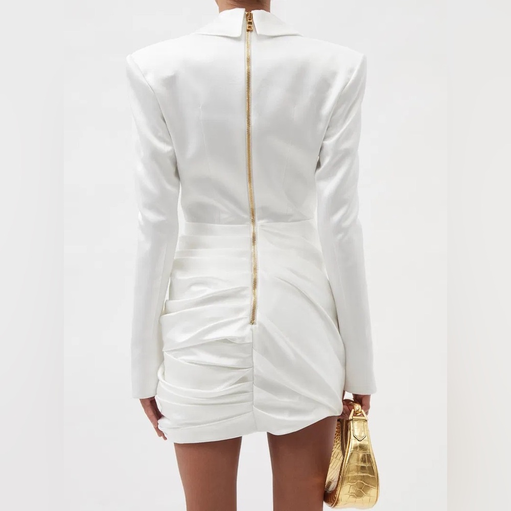 Balmain Plunge-Neck Deep V Satin Dress Mini Blazer White EU 34 0 2 NWT Authentic - Picture 13 of 16